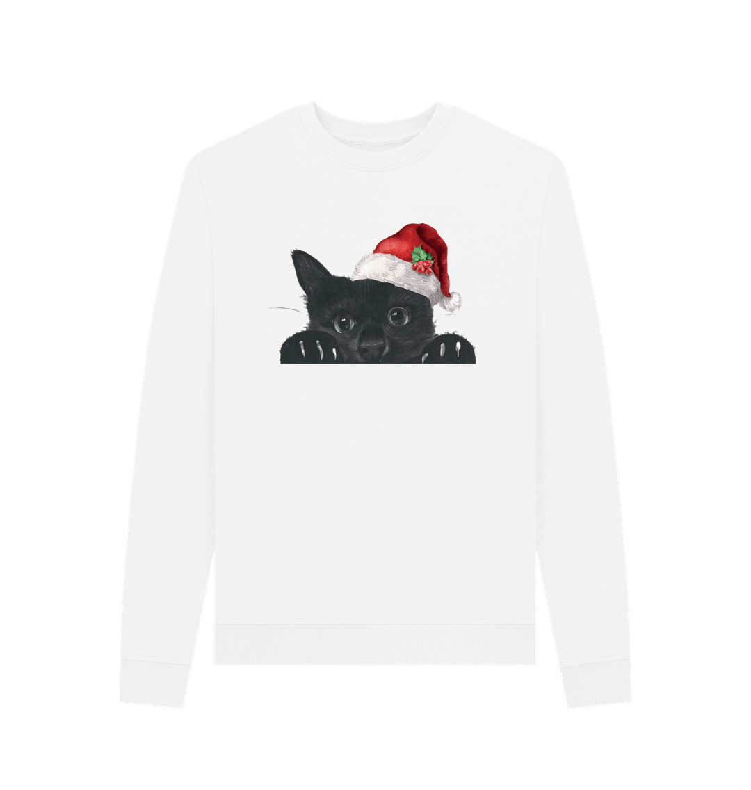 White Woman's Crew Neck Festive Cat Sweater Certified Organic Cotton