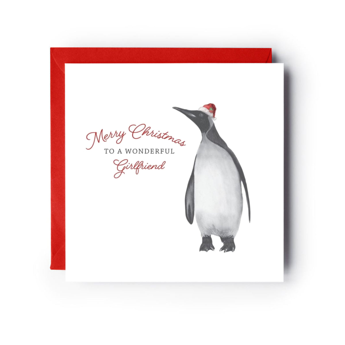 Merry Christmas To A Wonderful Girlfriend Festive Penguin Christmas Card — card with red envelope