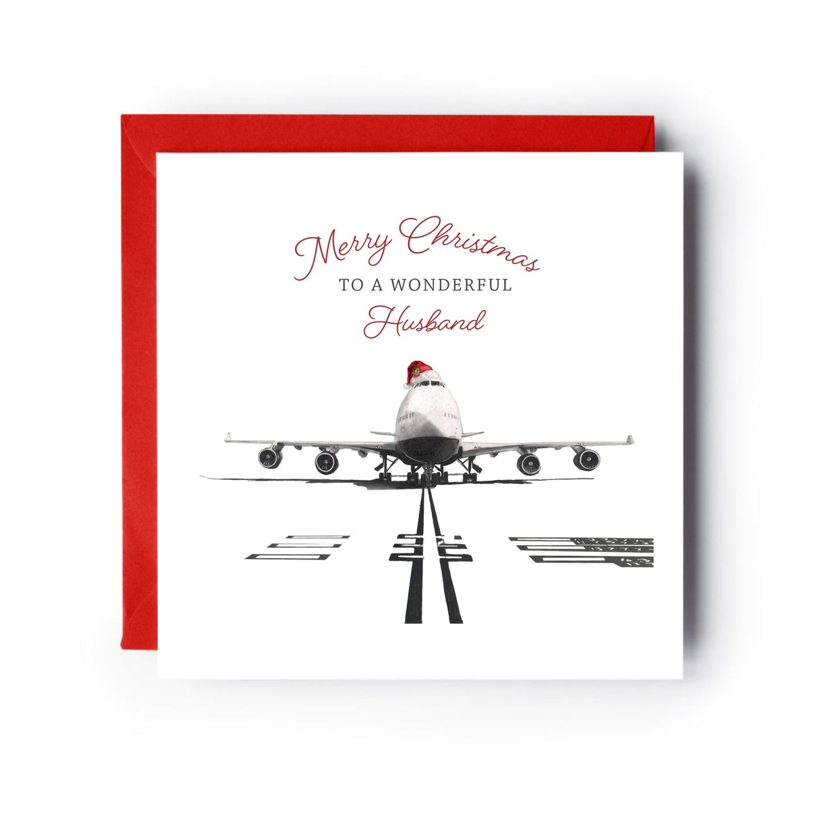 Merry Christmas To A Wonderful Husband Festive 747 Aircraft Christmas Card — card with red envelope