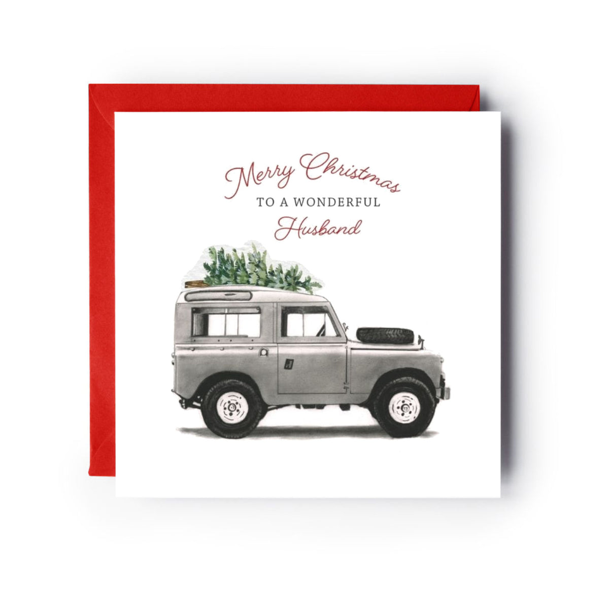 Merry Christmas to a wonderful Husband Classic Land Rover Christmas Card — card with red envelope
