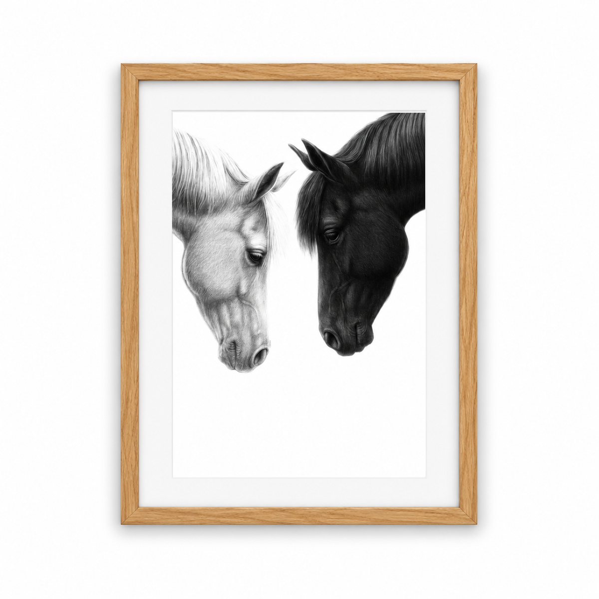 Ebony & Ivory – Horse Couple Print | Hand-Drawn Equestrian Art – oak frame with white mount