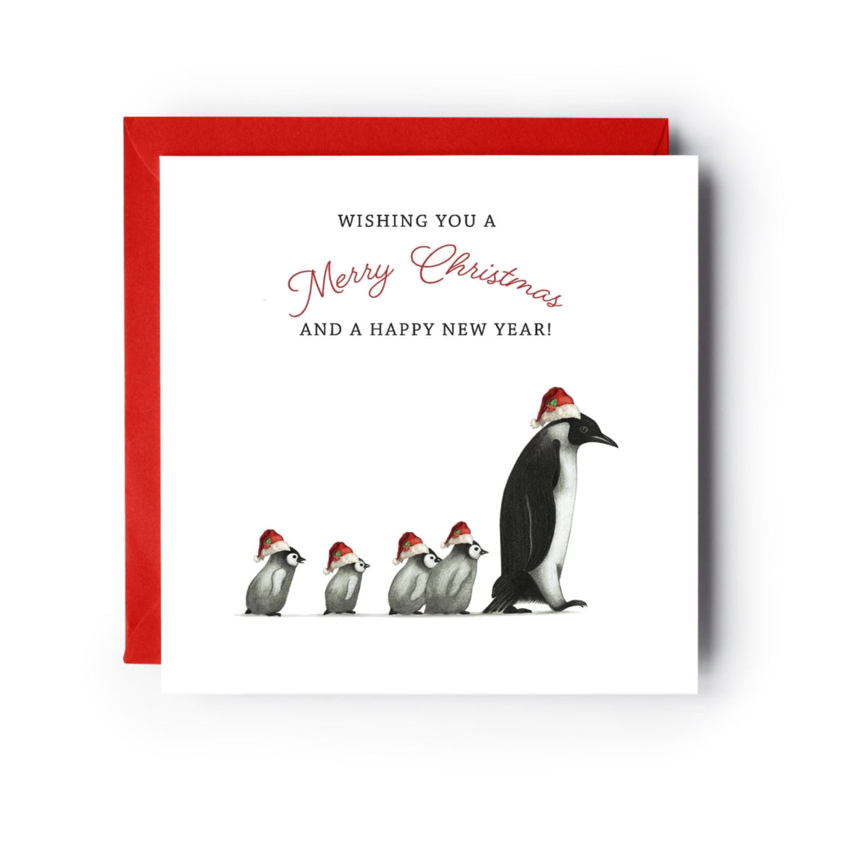 Follow Me Penguins Christmas Card | Hand-Drawn Festive Penguin Illustration — card with red envelope