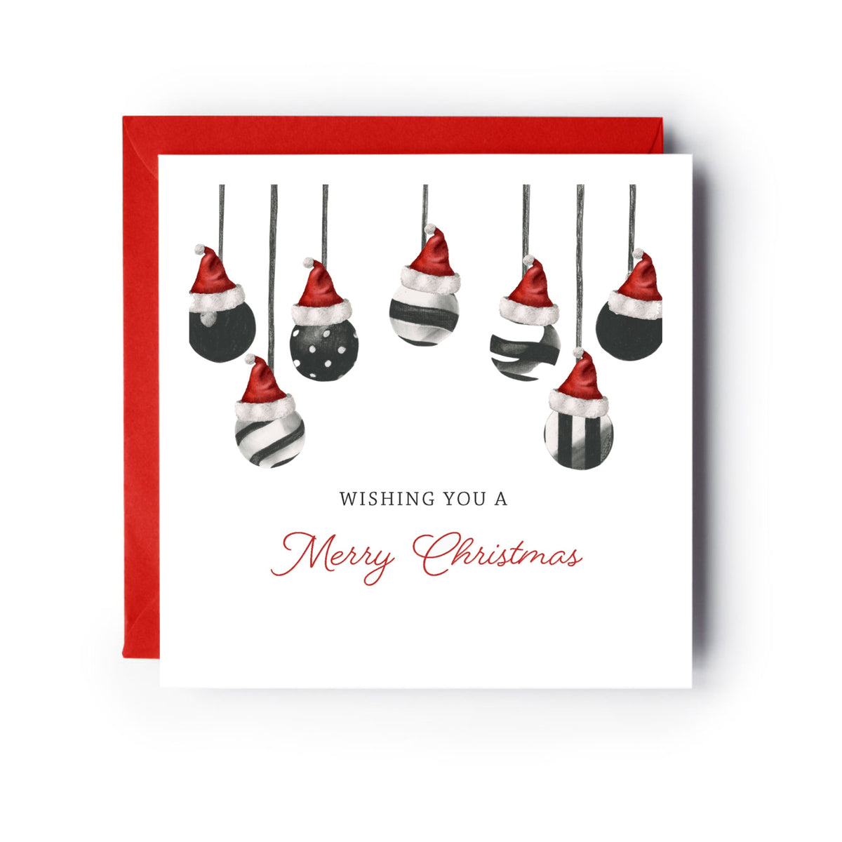 7 Red Hat Baubles Card Christmas Card — card with red envelope