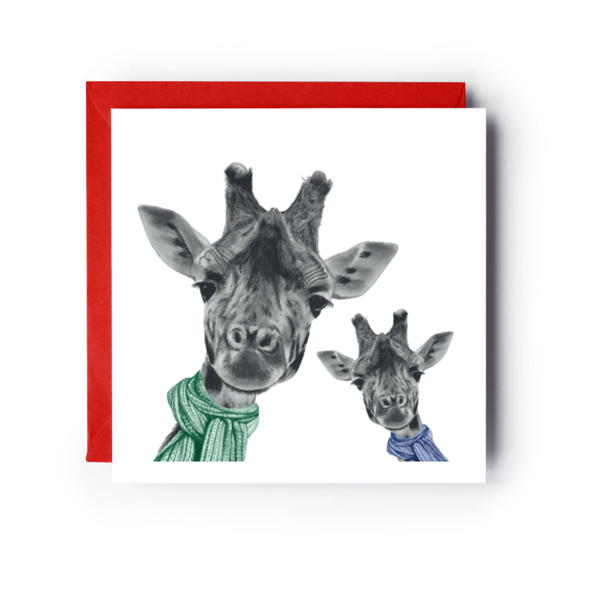 Winter Giraffe & Baby Christmas Card – Cosy Necks, Warmer Hearts — card with red envelope