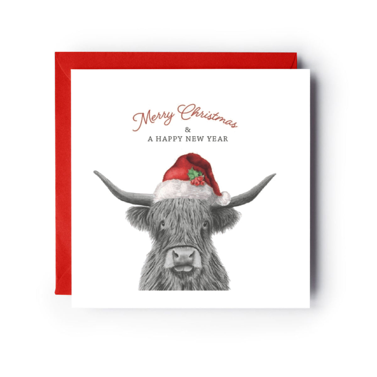 Merry Christmas Christmas Highland Coo Christmas Card — card with red envelope