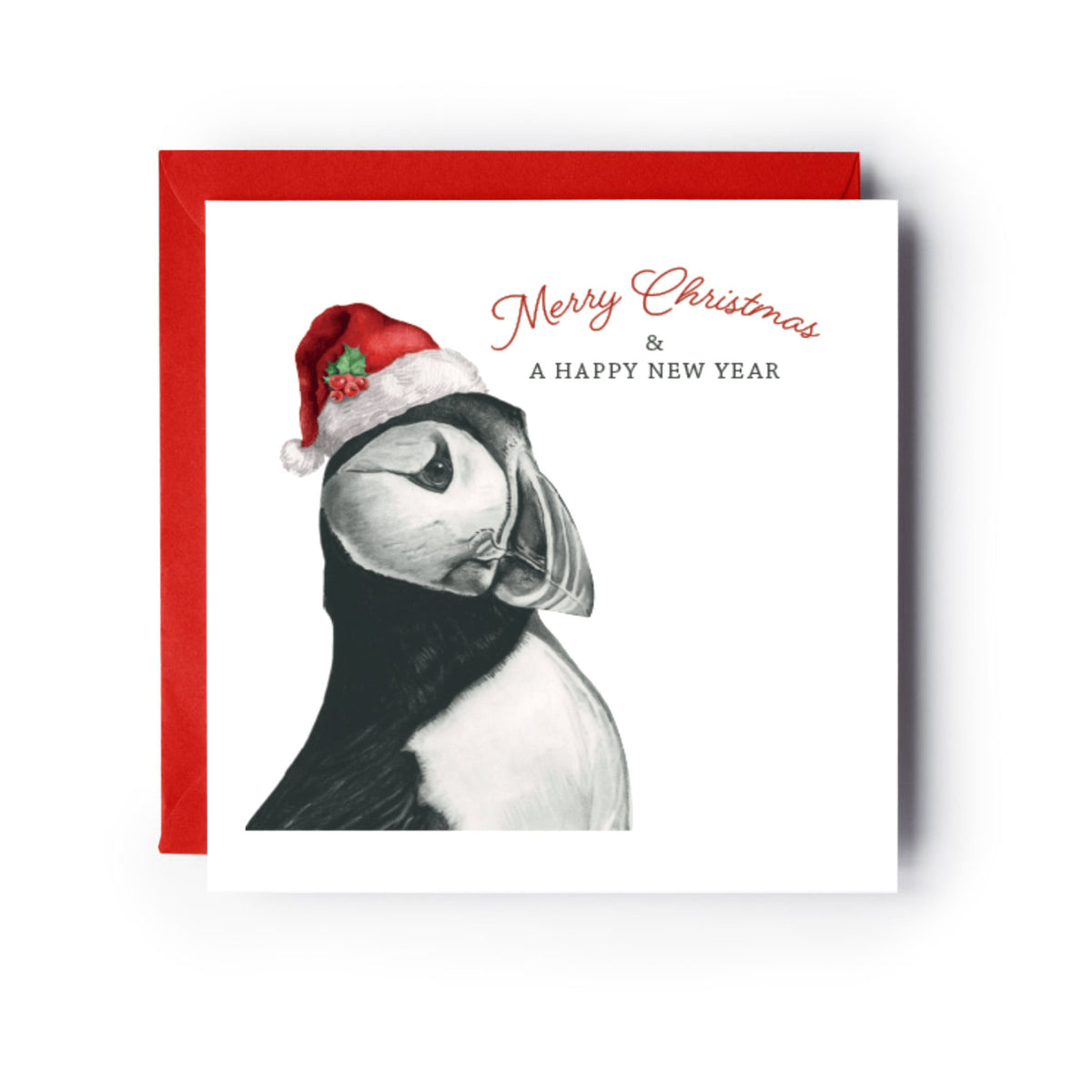 Merry Christmas Festive Puffin Greeting Card — card with red envelope