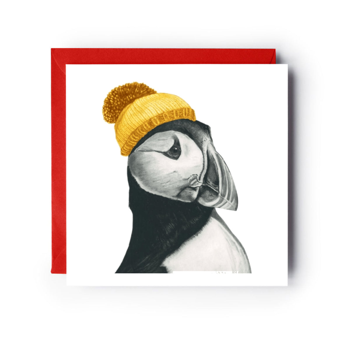 Winter Puffin Christmas Card – Bright, Bold & Bobble-Hatted — card with red envelope