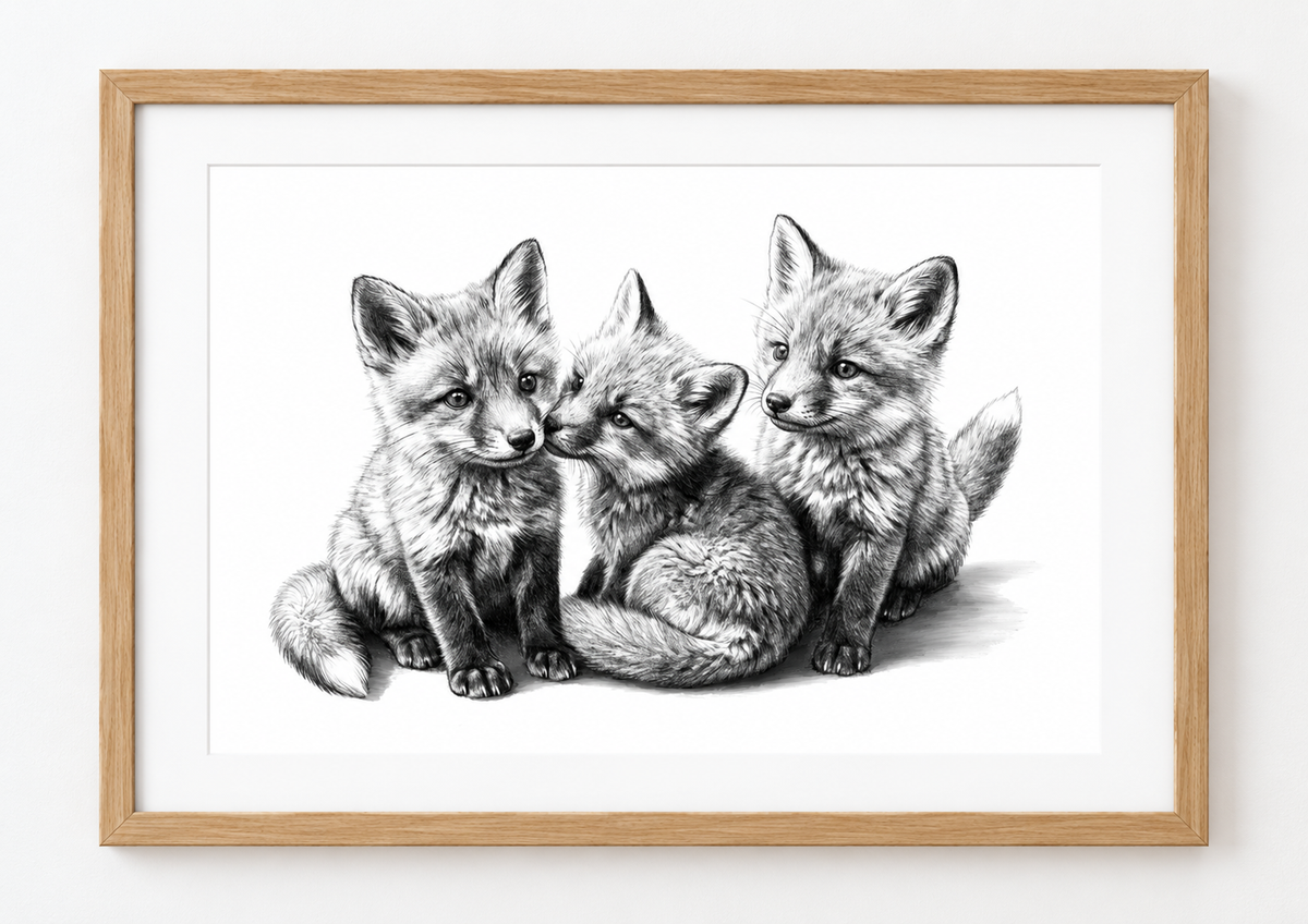 Three Fox Cubs Fine Art Print — rectangular A4/A3 oak frame mockup