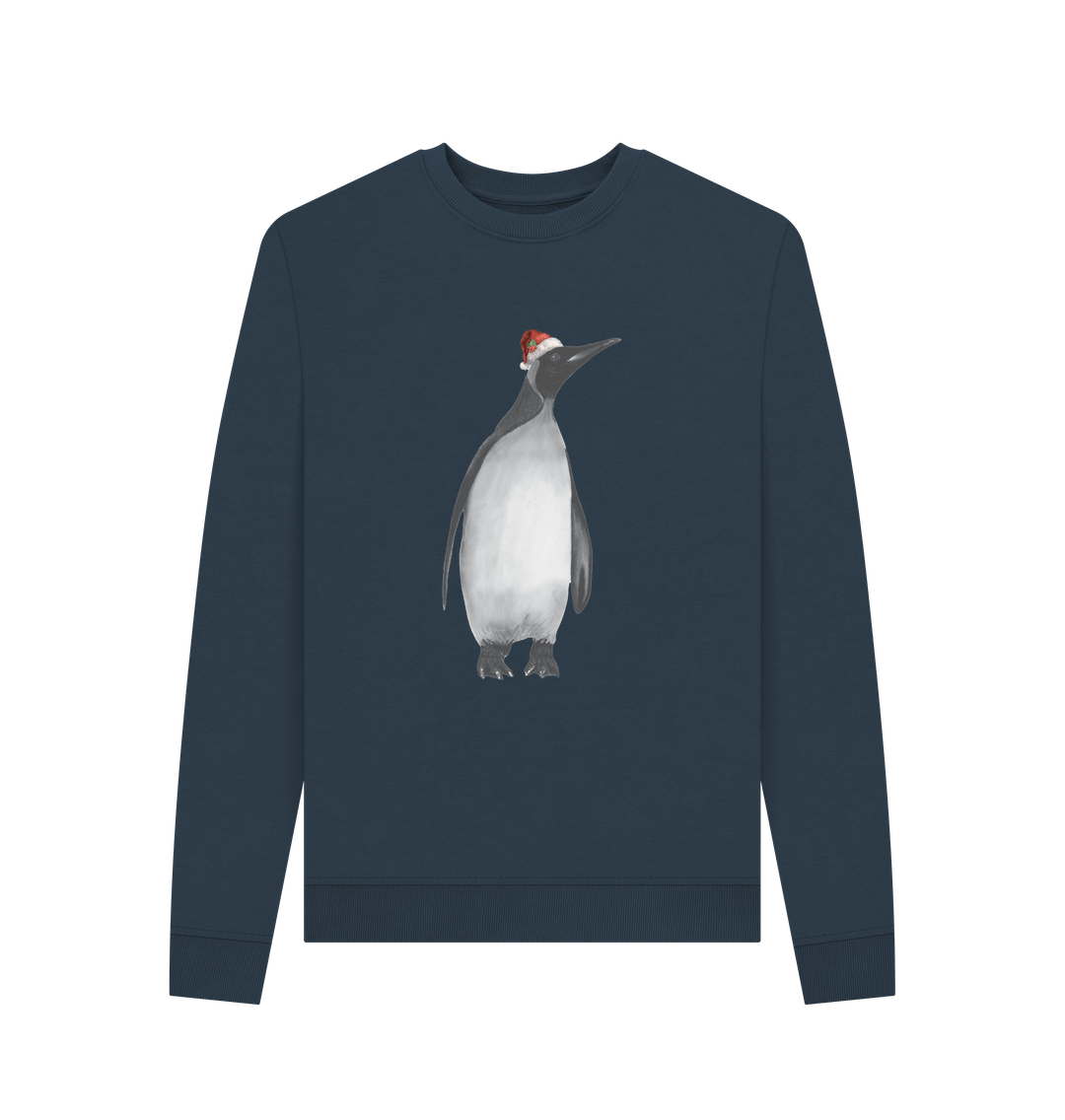 Navy Blue Women's Crew Neck Festive Penguin Sweater Certified Organic Cotton