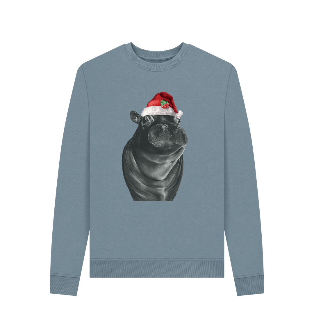 Stone Blue Women's Crew Neck Festive Hippo Sweater Certified Organic Cotton