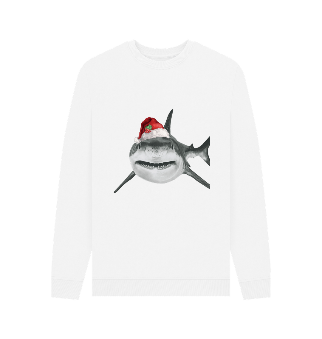 White Men's Crew Neck Festive Shark Sweater Certified Organic Cotton