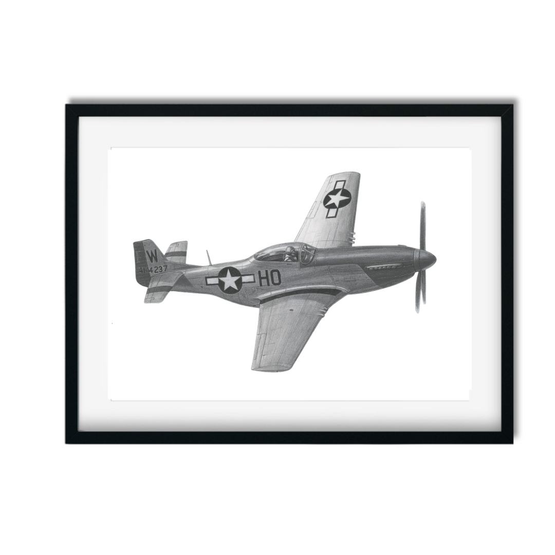Hand-Drawn North American P-51 Mustang Print