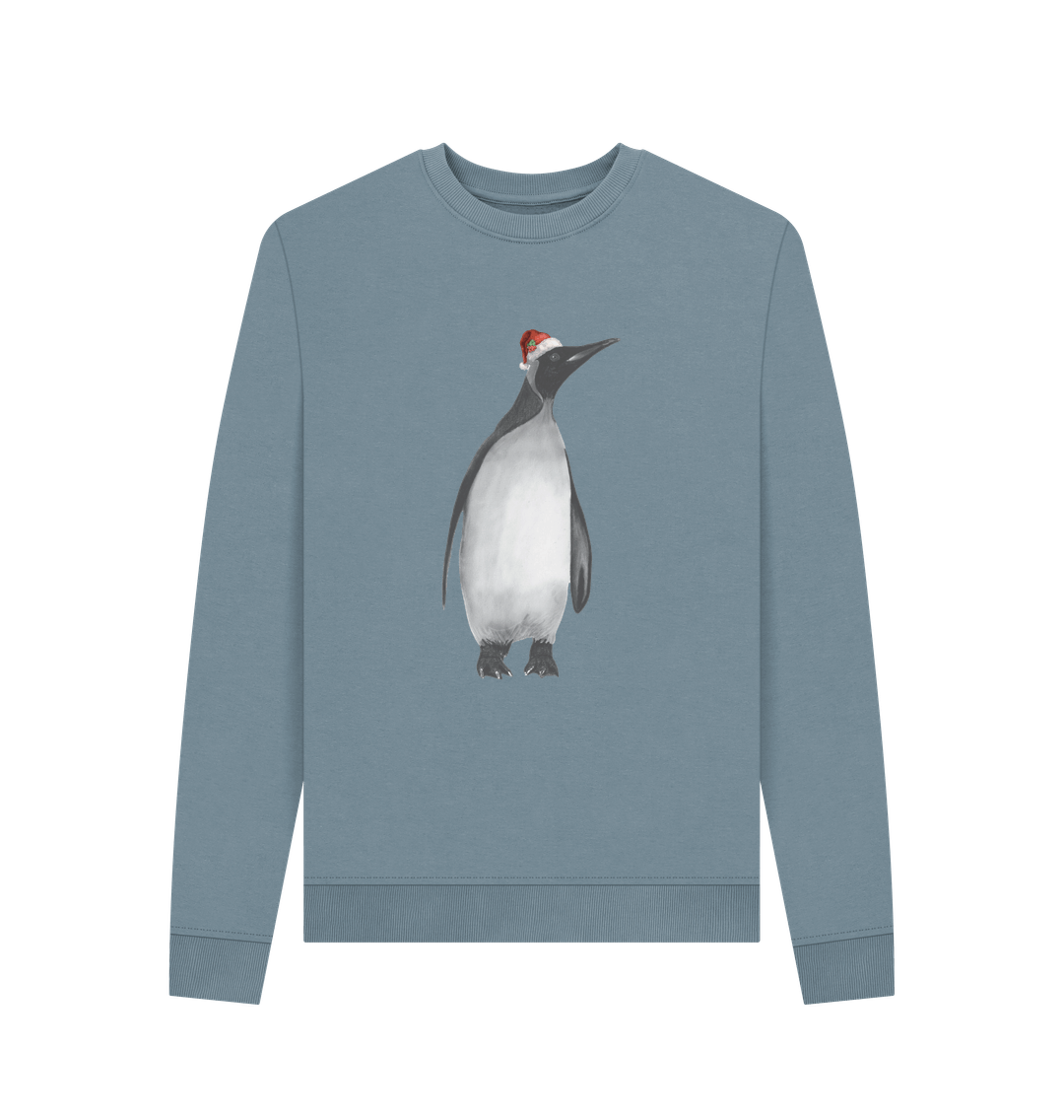Stone Blue Women's Crew Neck Festive Penguin Sweater Certified Organic Cotton
