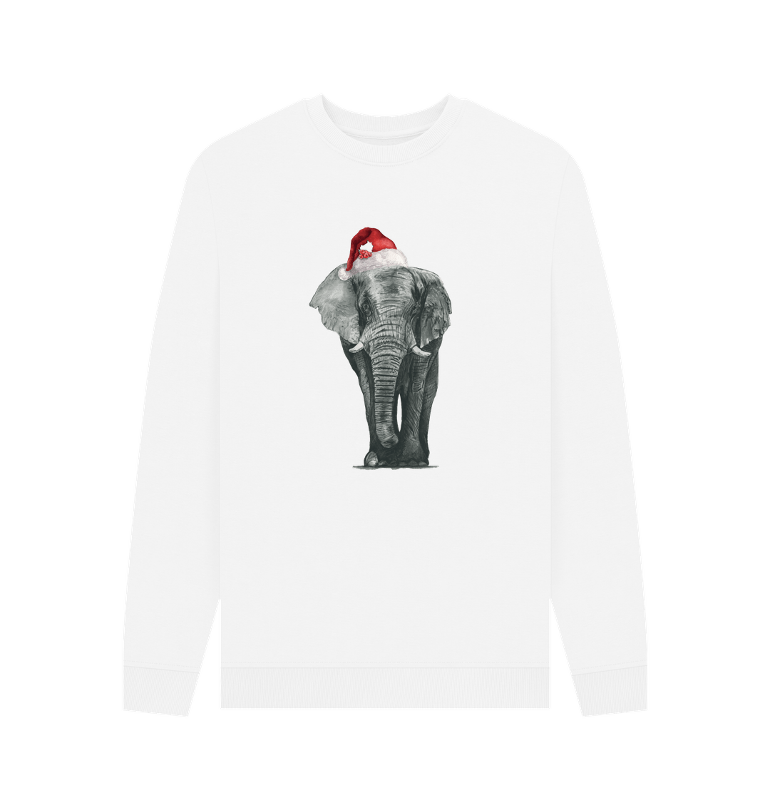White Men's Crew Neck Festive Elephant Sweater Certified Organic Cotton