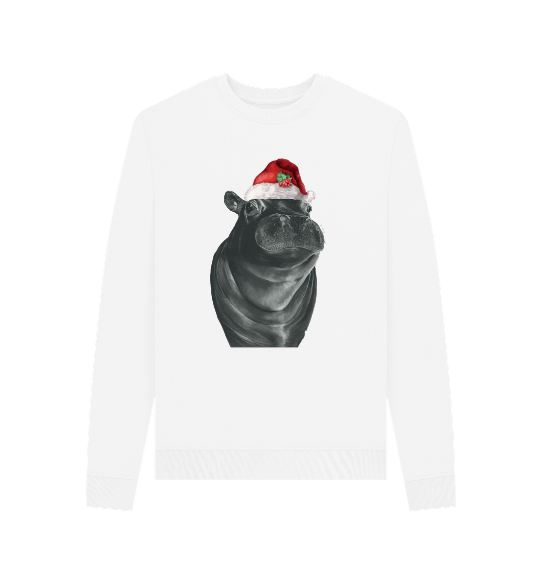 White Women's Crew Neck Festive Hippo Sweater Certified Organic Cotton