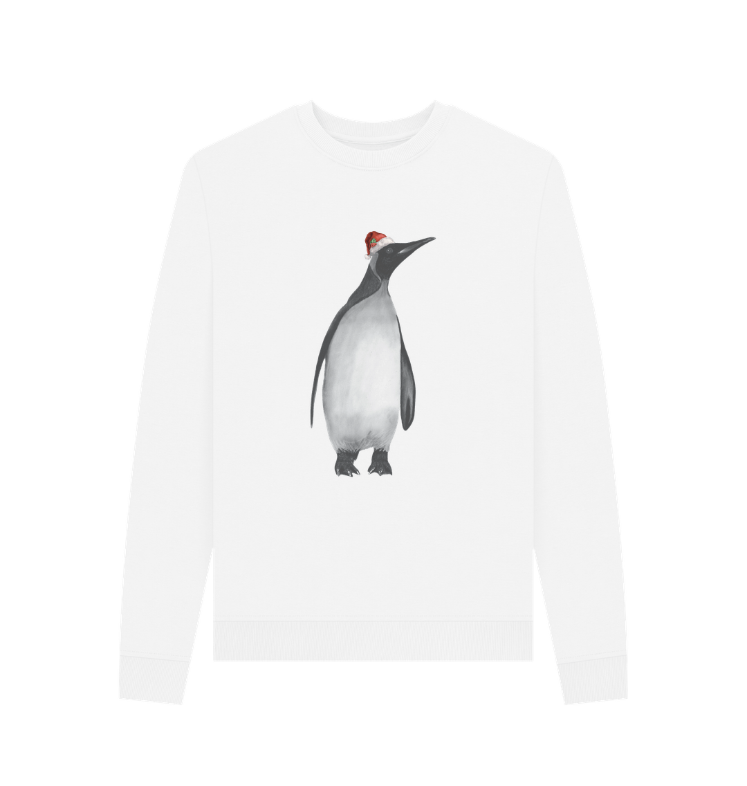 White Women's Crew Neck Festive Penguin Sweater Certified Organic Cotton
