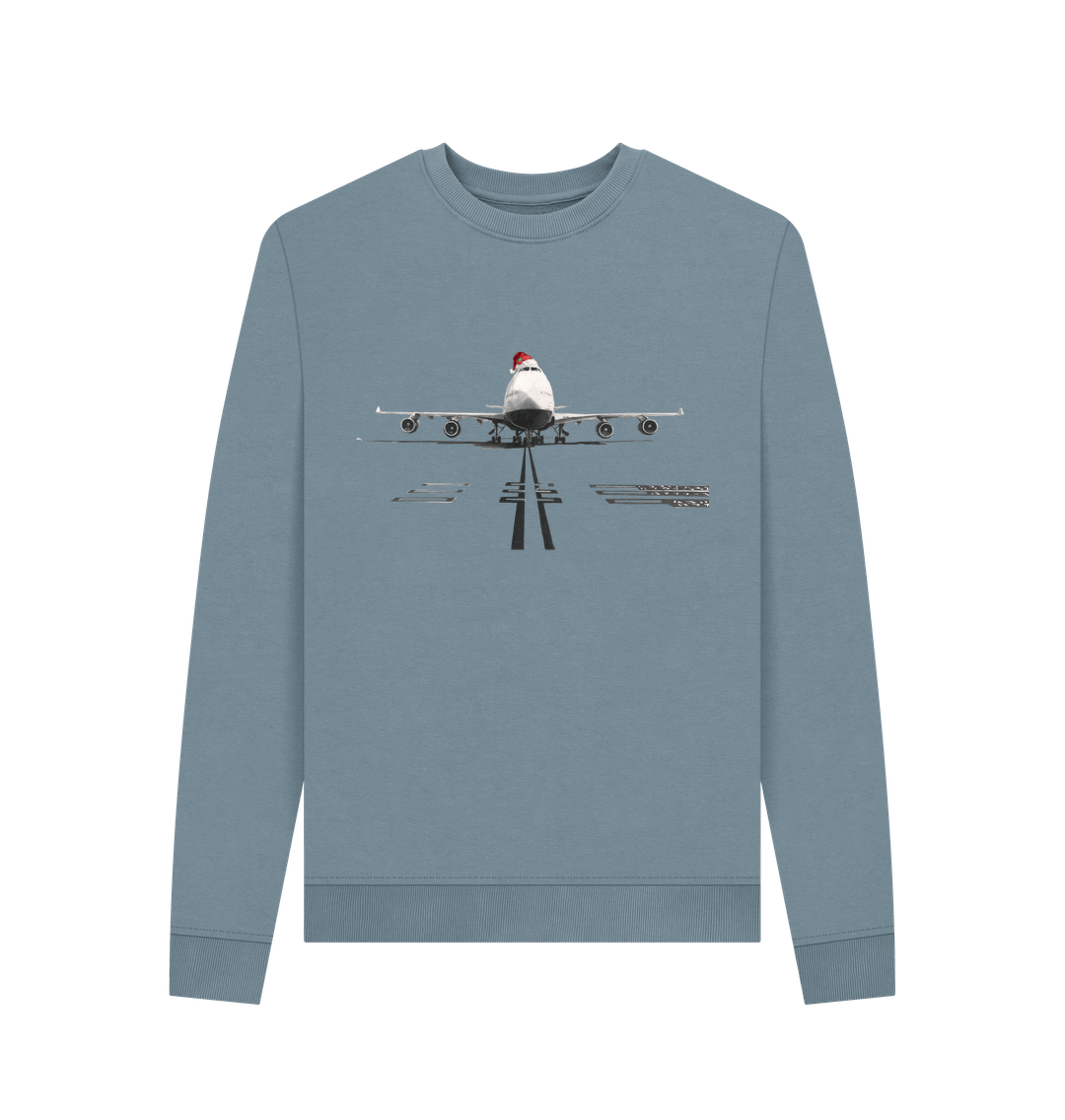 Stone Blue Women's Crew Neck Festive 747 Aircraft Sweater Certified Organic Cotton