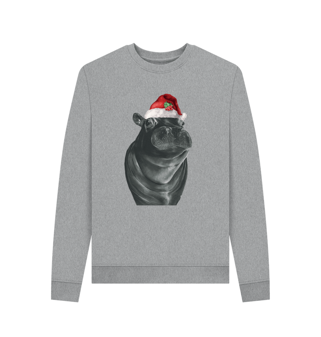 Light Heather Women's Crew Neck Festive Hippo Sweater Certified Organic Cotton