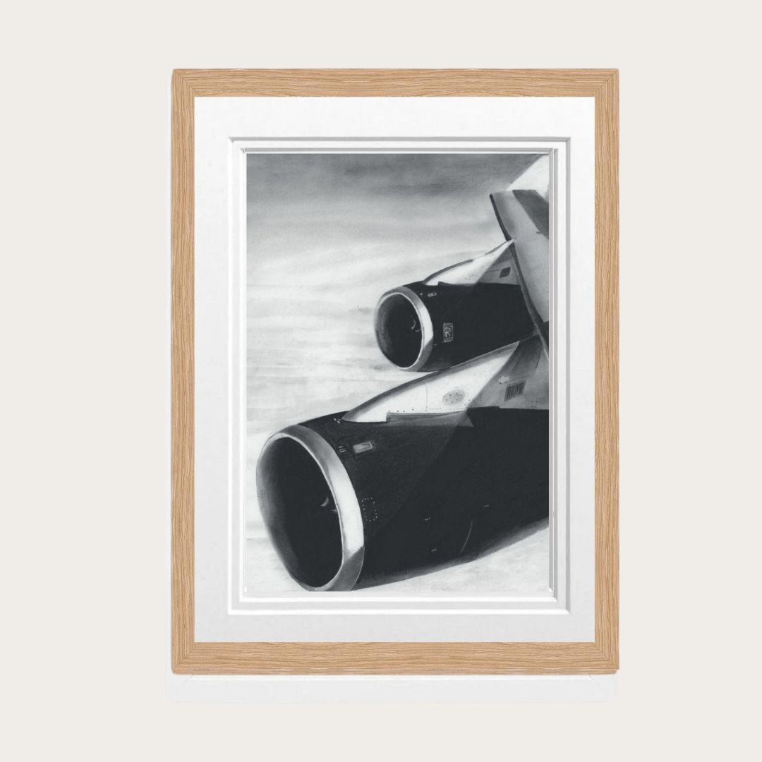 Hand-drawn 747 aircraft wing fine art print in oak frame, showcasing detailed aviation illustration.