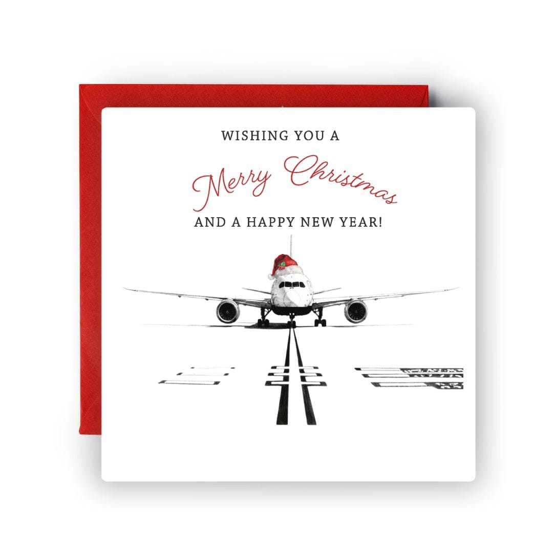 Hand-drawn Boeing 787 aircraft wearing a red Santa hat, festive aviation Christmas card designed in Windsor, perfect for pilots and plane enthusiasts.