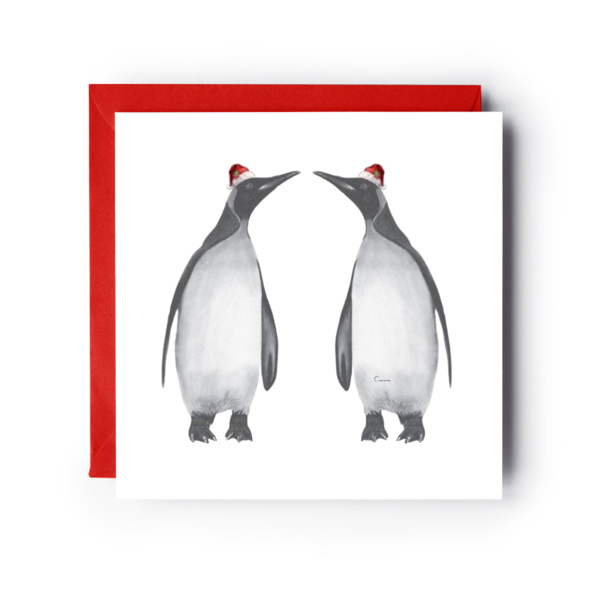 Alya and Friend Penguin Christmas Card — card with red envelope