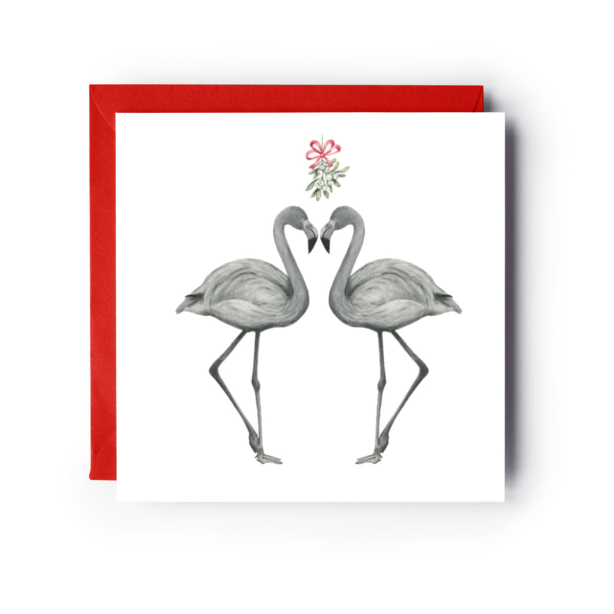 Flamingo Kisses Mistletoe Festive Christmas Card — card with red envelope