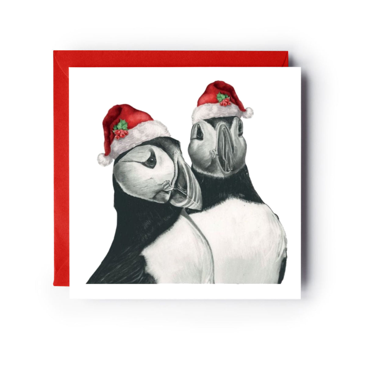 Gemini the Puffins Festive Red Hat Christmas Card — card with red envelope