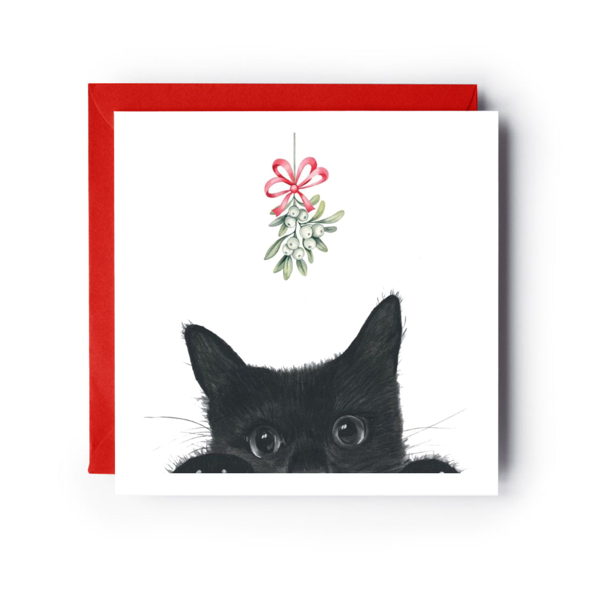 Sansuna the Kitten Mistletoe Christmas Card — card with red envelope