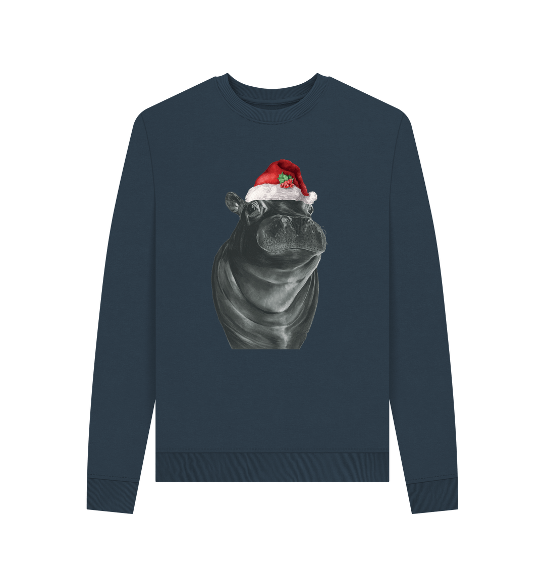 Navy Blue Women's Crew Neck Festive Hippo Sweater Certified Organic Cotton