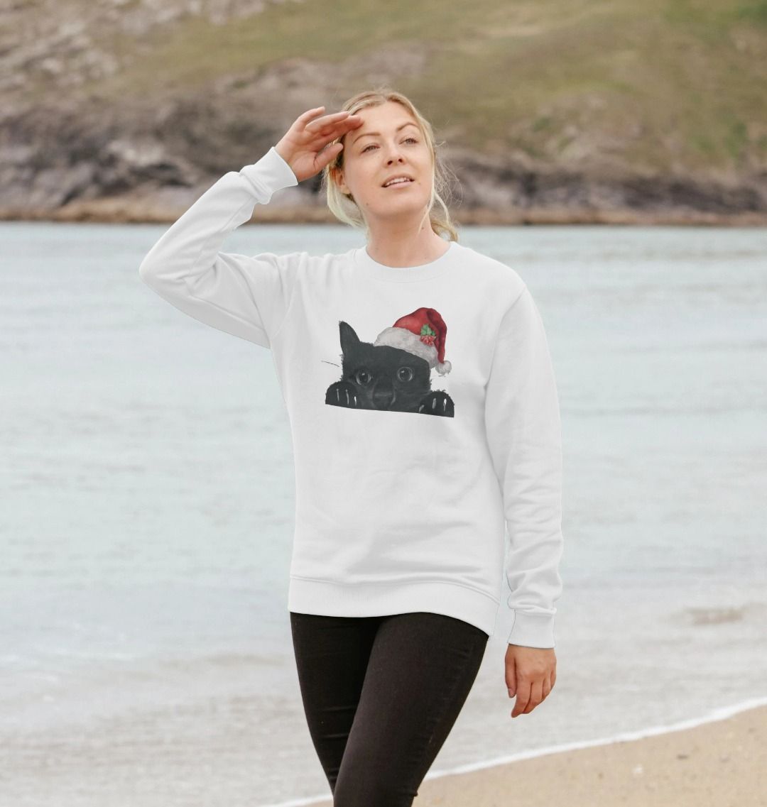 Woman's Crew Neck Festive Cat Sweater Certified Organic Cotton