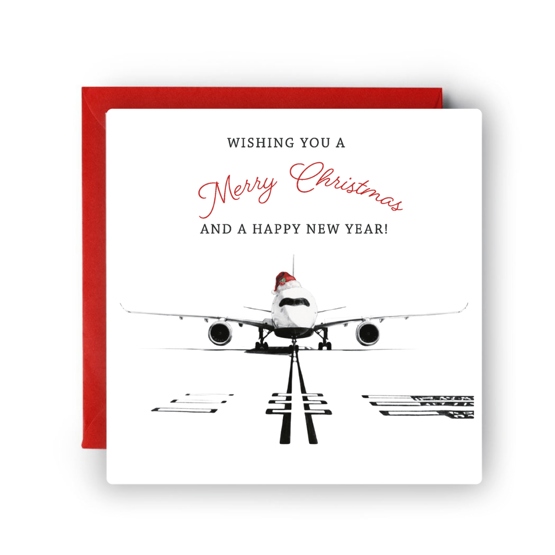 Christmas card with airplane wearing a Santa hat and text 'Wishing you a Merry Christmas and a Happy New Year!'.