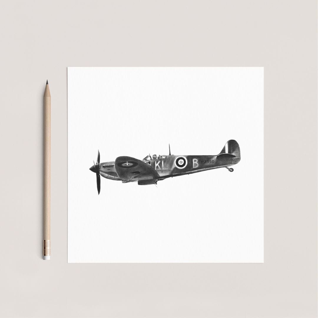 "Hand-drawn Flying Spitfire Greeting Card by Libra Fine Arts, featuring a detailed illustration of the iconic WWII aircraft in flight. A perfect gift for aviation enthusiasts and history lovers.
