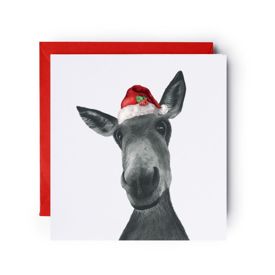 Christmas Donkey Card – Sirus the Donkey in Santa Hat Festive Illustration