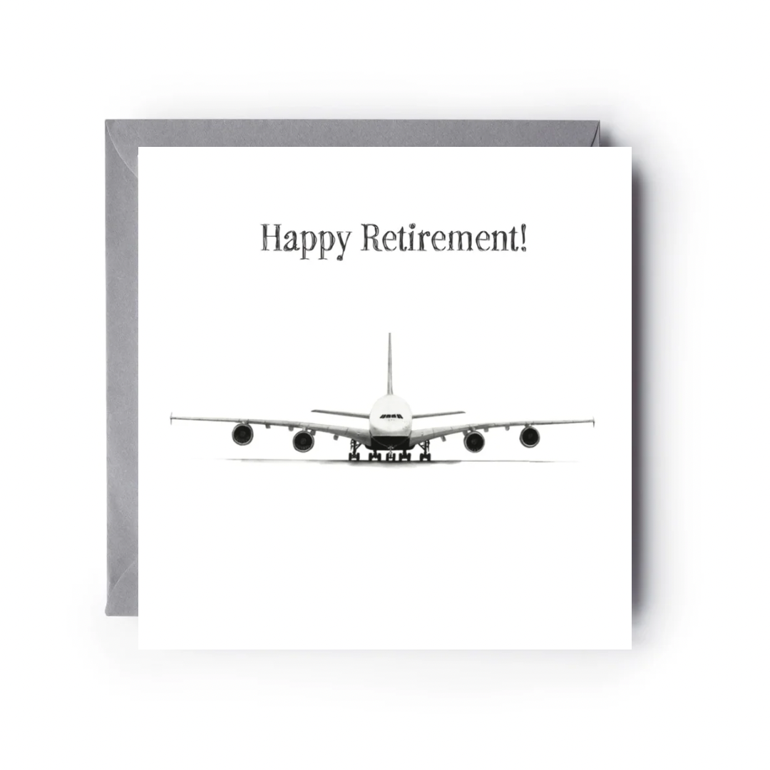 Greeting card with airplane illustration and 'Happy Retirement!' text on a white background