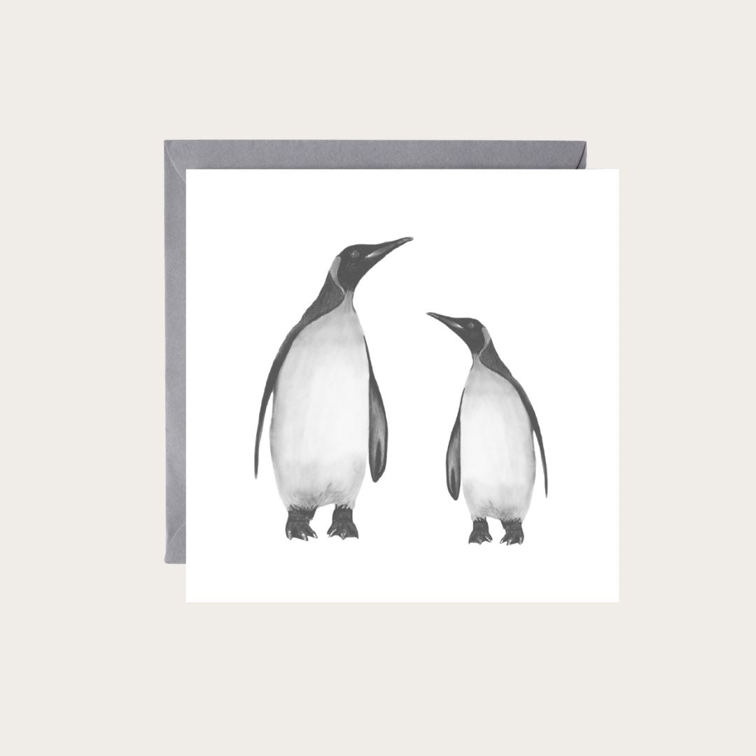 Sweet hand-drawn greeting card featuring Alya and her baby penguin, a lovely choice for celebrating special occasions with penguin fans and wildlife enthusiasts.