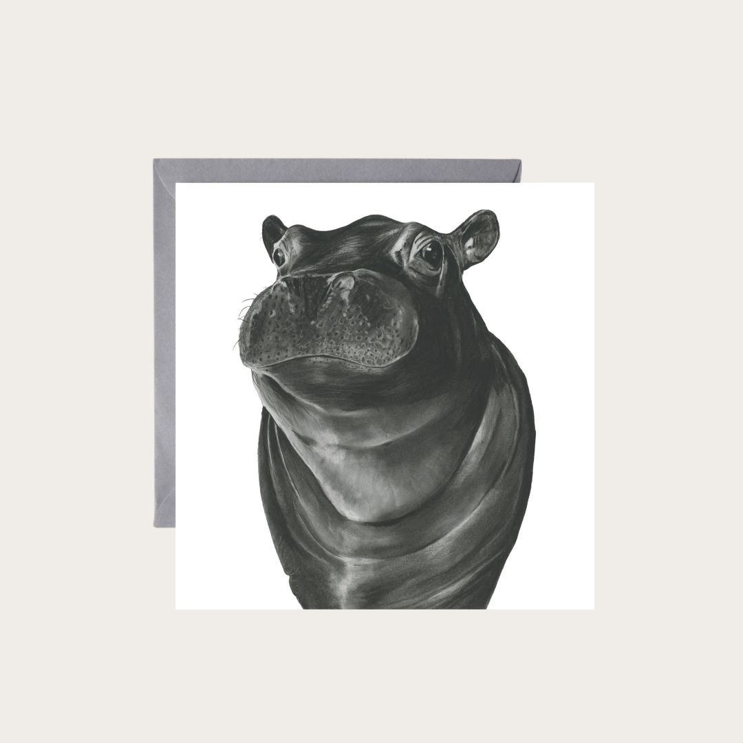 Charming wildlife art of Carina the Hippo on a hand-drawn greeting card, perfect for animal lovers.