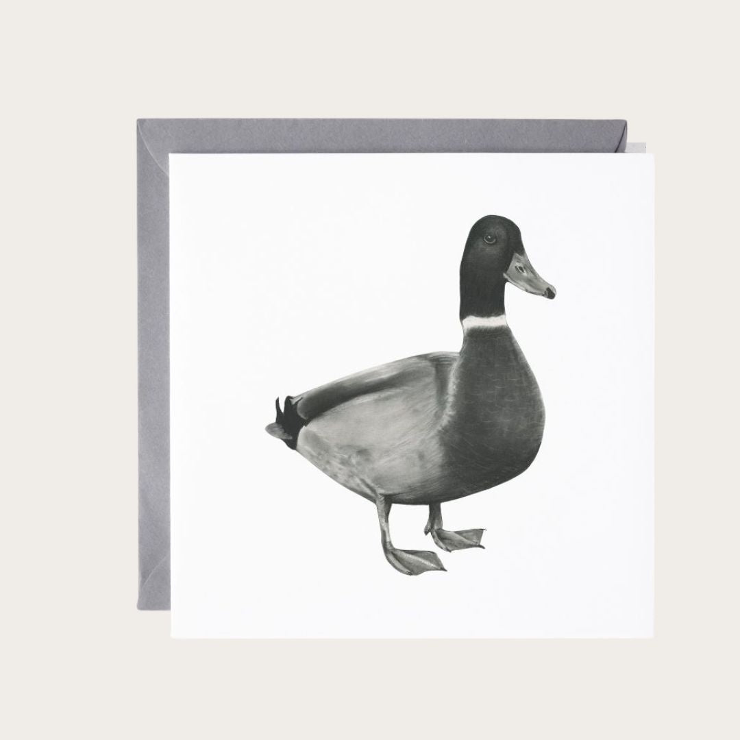 Charming countryside wildlife art of Rana the Duck on a hand-drawn greeting card, perfect for nature enthusiasts.