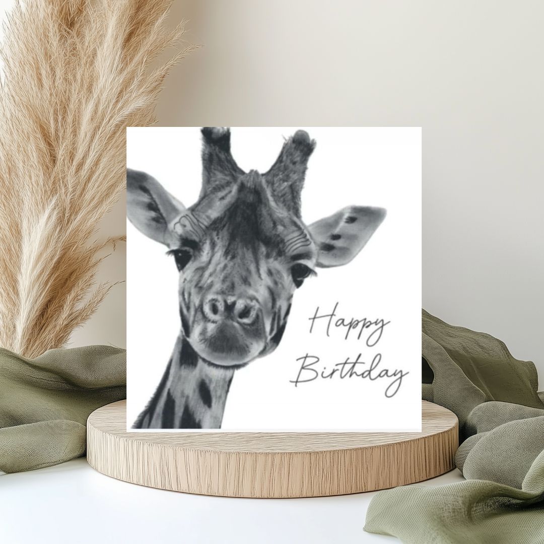 Giraffe Card Hand-Drawn by Lobra Fine Arts – A beautifully illustrated, hand-drawn design featuring a unique giraffe, perfect for sending thoughtful wishes on birthdays or any special occasion