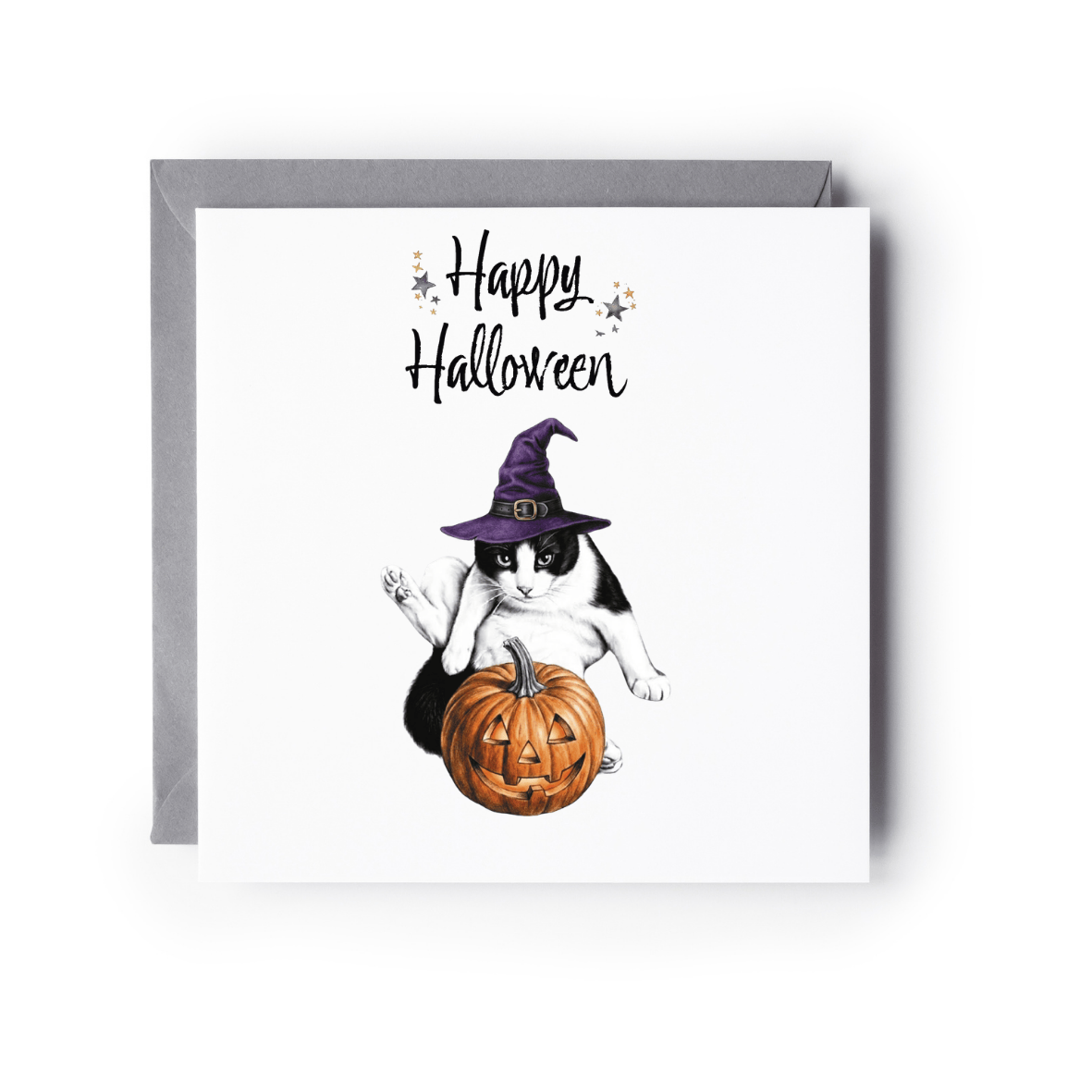 Witchy Cat & Pumpkin Halloween Card | Cute Cat Witch Hat Greeting Card