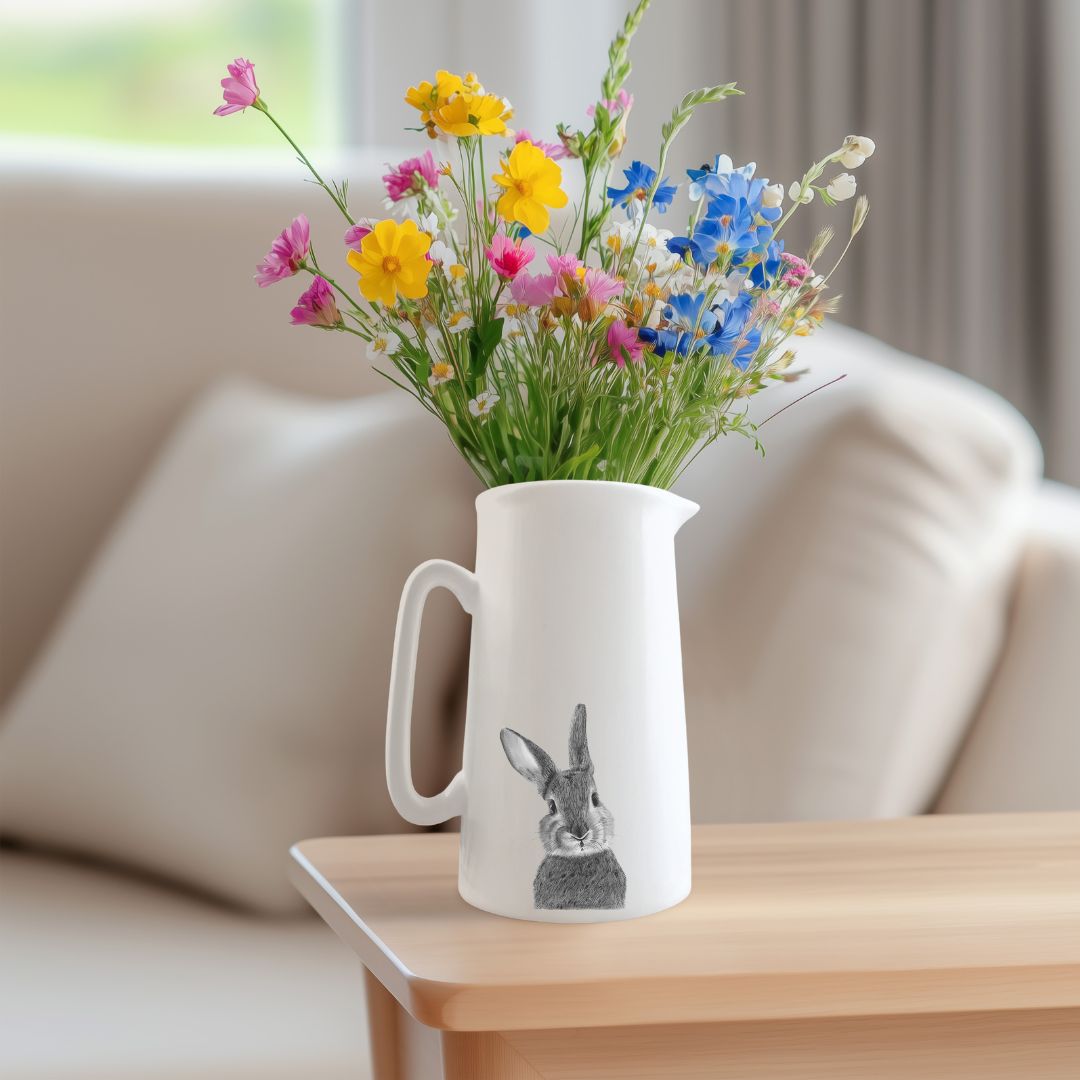 Fine bone china jug featuring a cute hand-drawn bunny, ideal countryside gift.