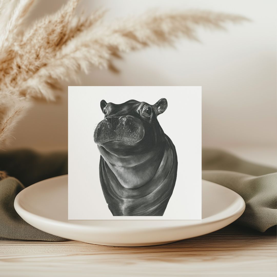 Hand-drawn Carina the Hippo greeting card, showcasing adorable wildlife art.