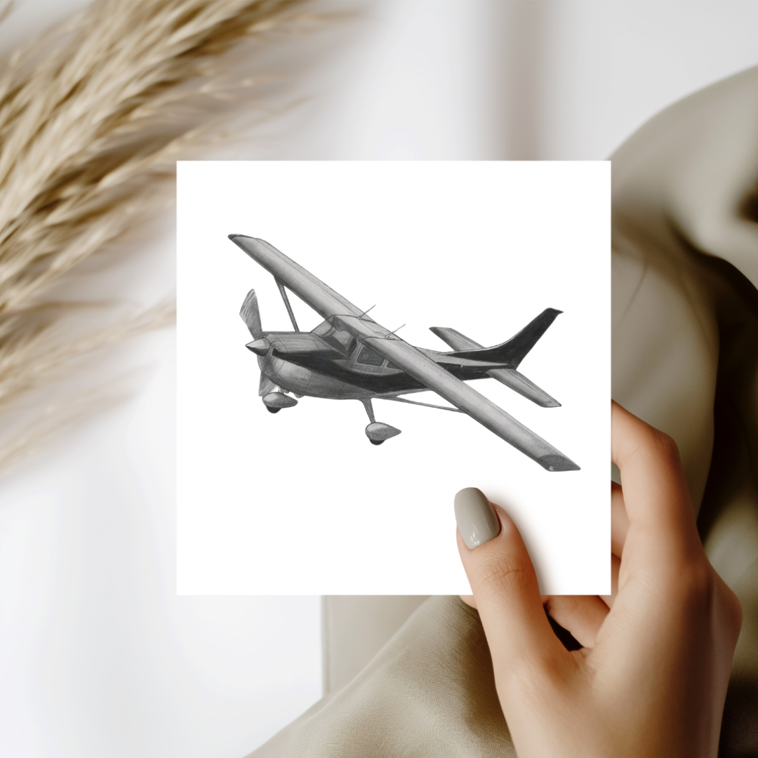 Hand-drawn Cessna aircraft greeting card for aviation enthusiasts