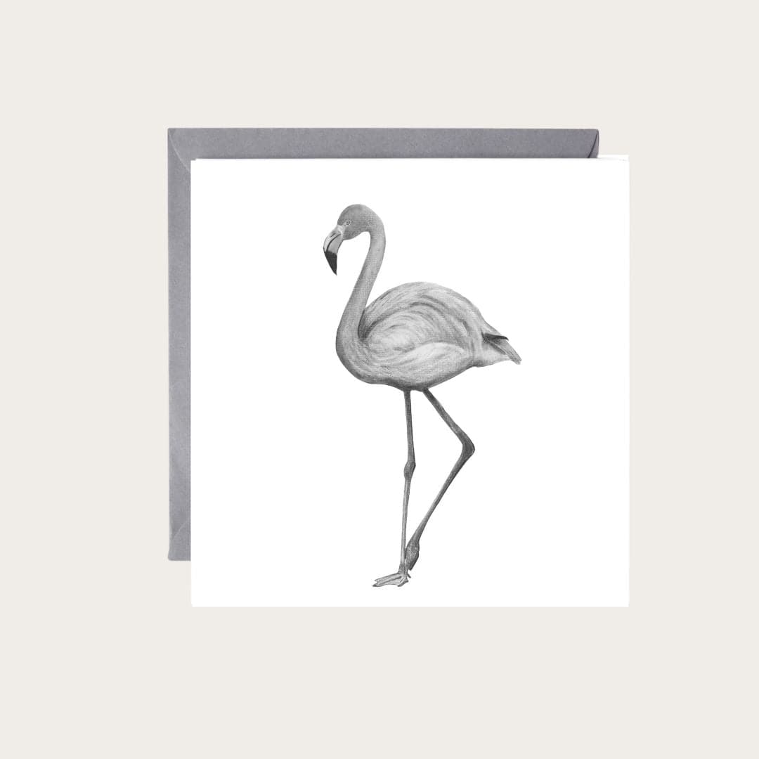 Detailed artwork of Celeste the Flamingo, presented on a greeting card, ideal for fans of flamingos and wildlife art.