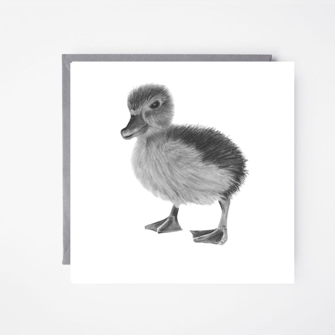 Cute hand-drawn artwork of Naos the Duckling on a greeting card, perfect for animal lovers.
