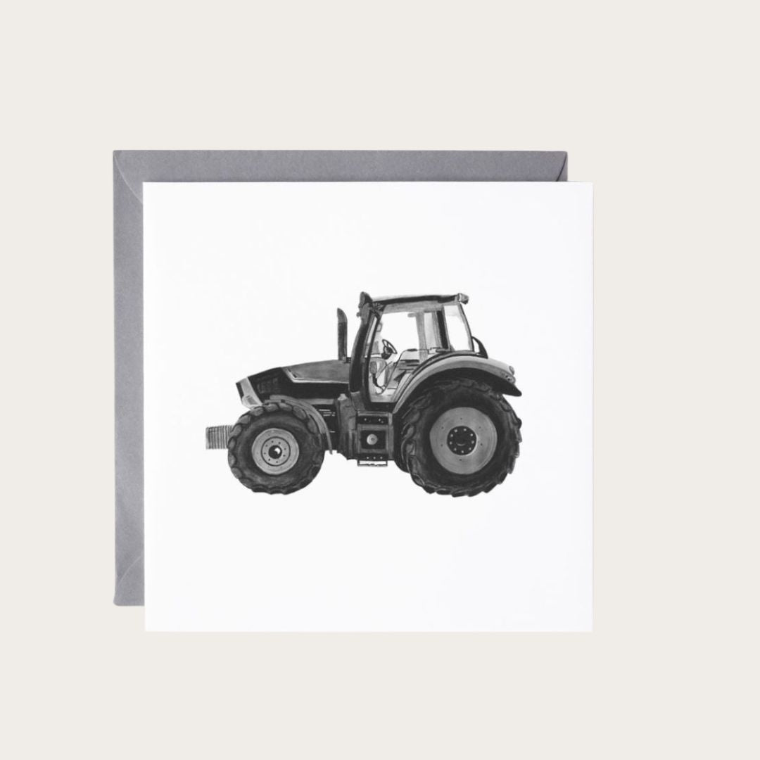 Detailed hand-drawn artwork of a tractor on a greeting card, ideal for farm and nature lovers.