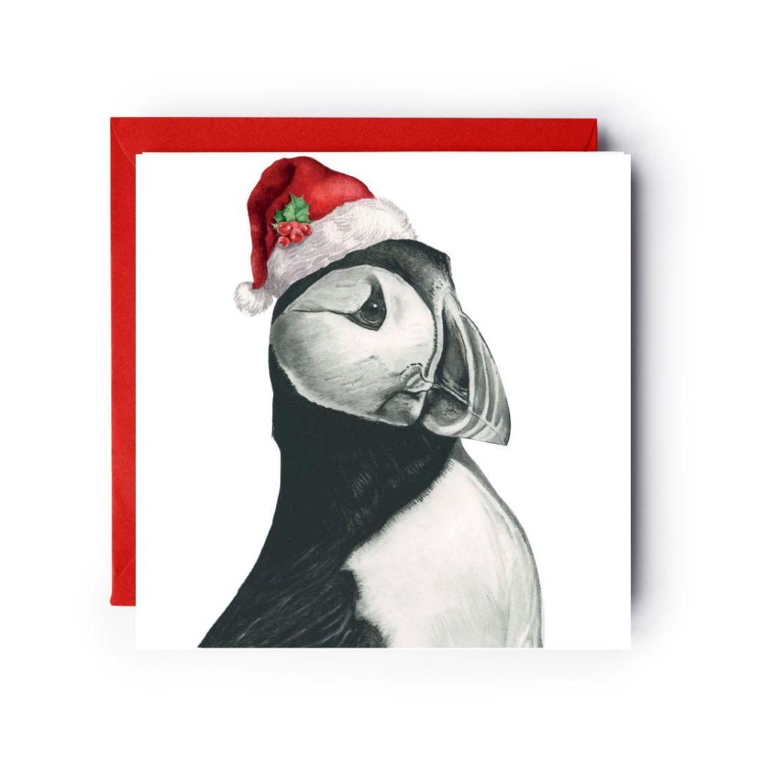Festive Puffin Christmas Card – Vela in Santa Hat Holiday Illustration