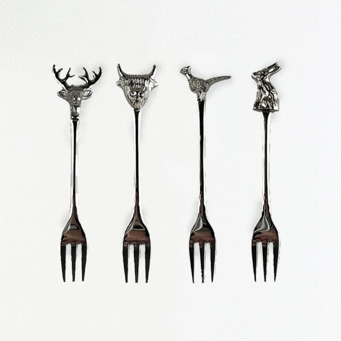 Charming set of 4 hand-crafted country animal pastry forks, boxed and ideal for animal enthusiasts, country home decor lovers, and as a unique gift for any occasion.
