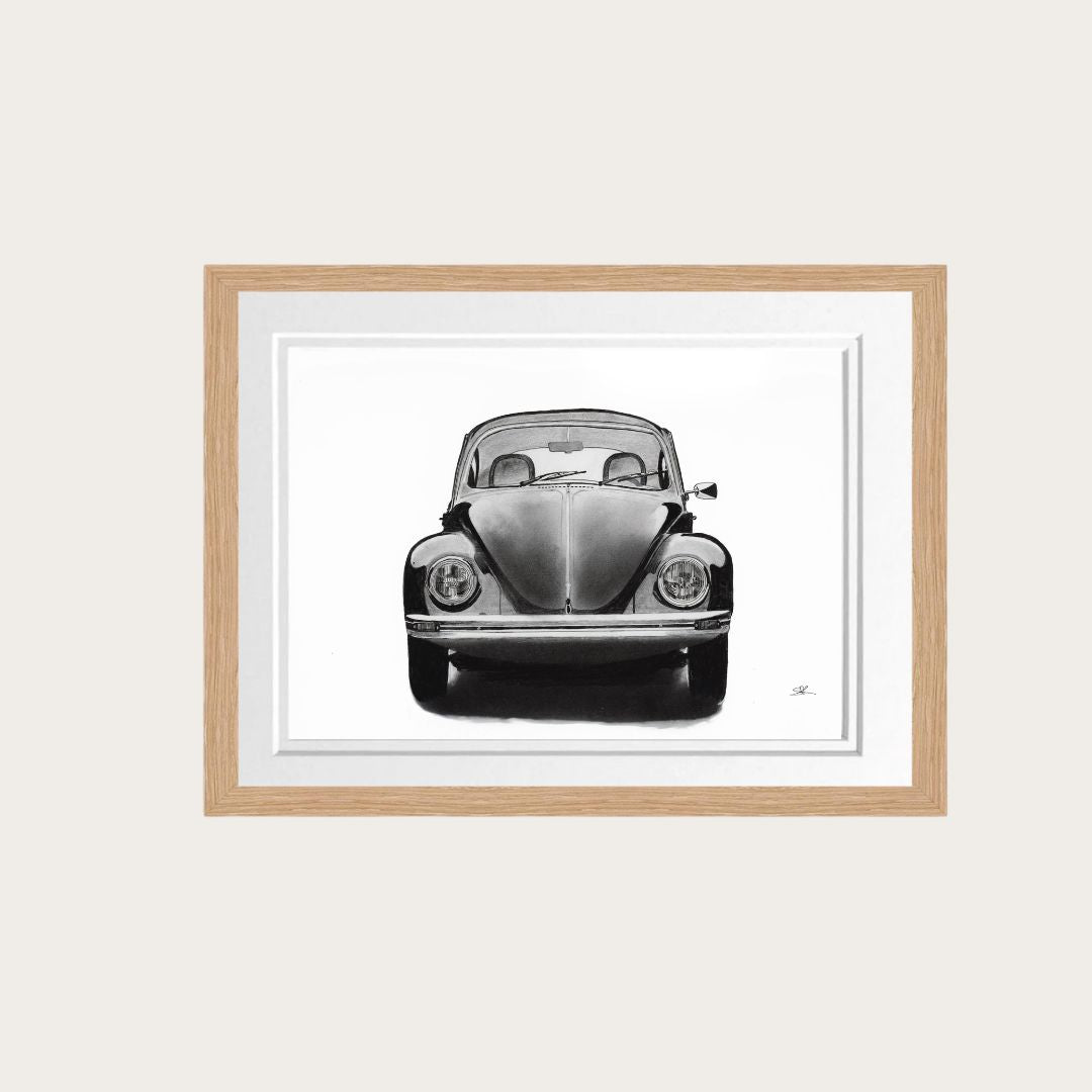 A meticulously hand-drawn illustration of a classic Volkswagen Beetle, presented in a high-quality oak frame. Measuring 24x31 inches, this art print adds a touch of vintage automotive charm to any space. Perfect for car enthusiasts and collectors, it serves as an ideal gift for birthdays or Christmas.