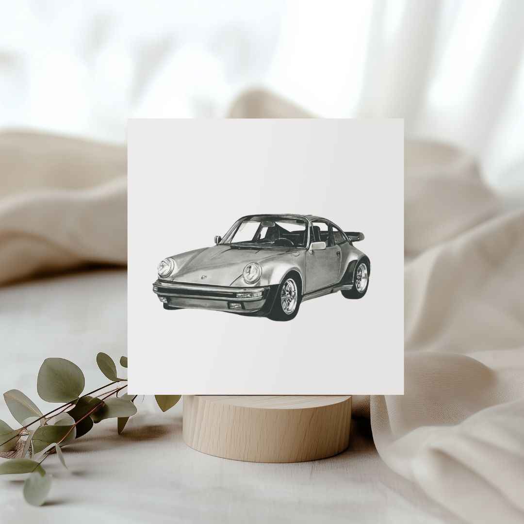 Hand-drawn classic German sports car greeting card, featuring the Porsche Edition for car enthusiasts.