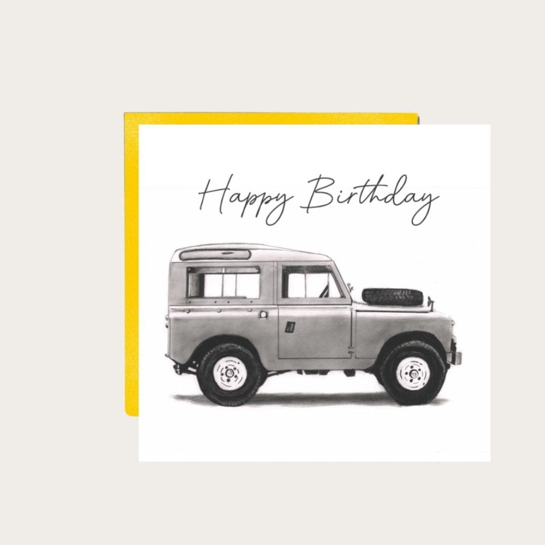 Celebrate a special birthday with this classic Land Rover birthday card, featuring a charming hand-drawn design by Libra Fine Arts. Perfect for vintage car enthusiasts or anyone who loves classic vehicles